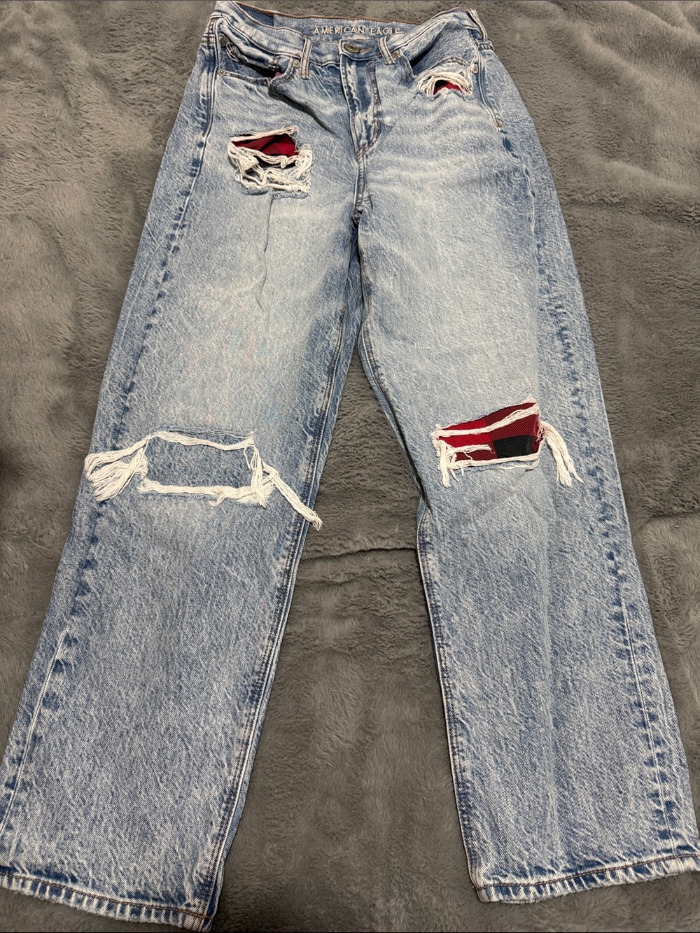 American Eagle Outfitters Light Blue Distressed with Red Plaid Jeans